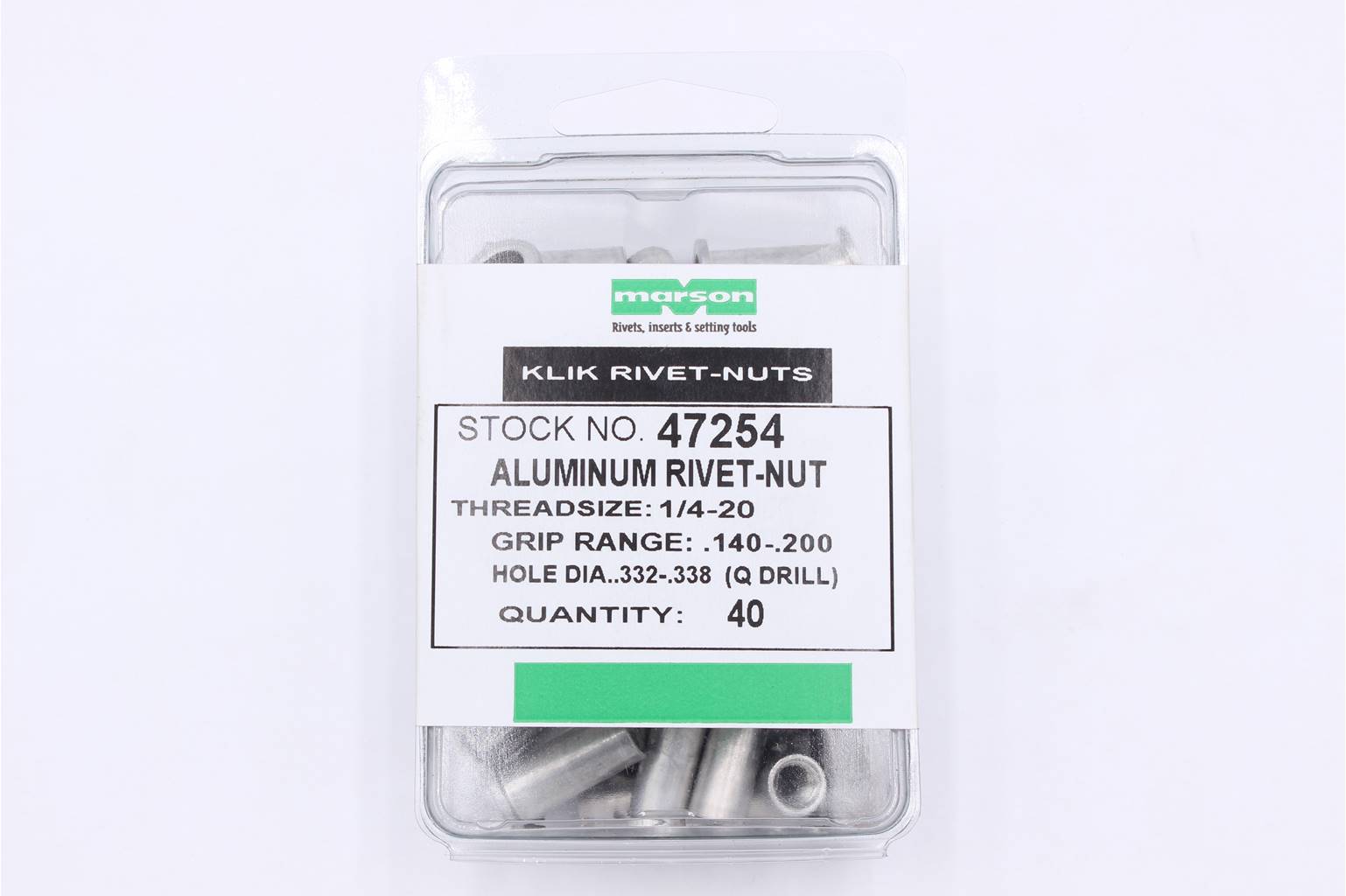 Marson 1/4"20 MRN Series Flathead RivetNuts, Aluminum, Pack Of 40, 0.