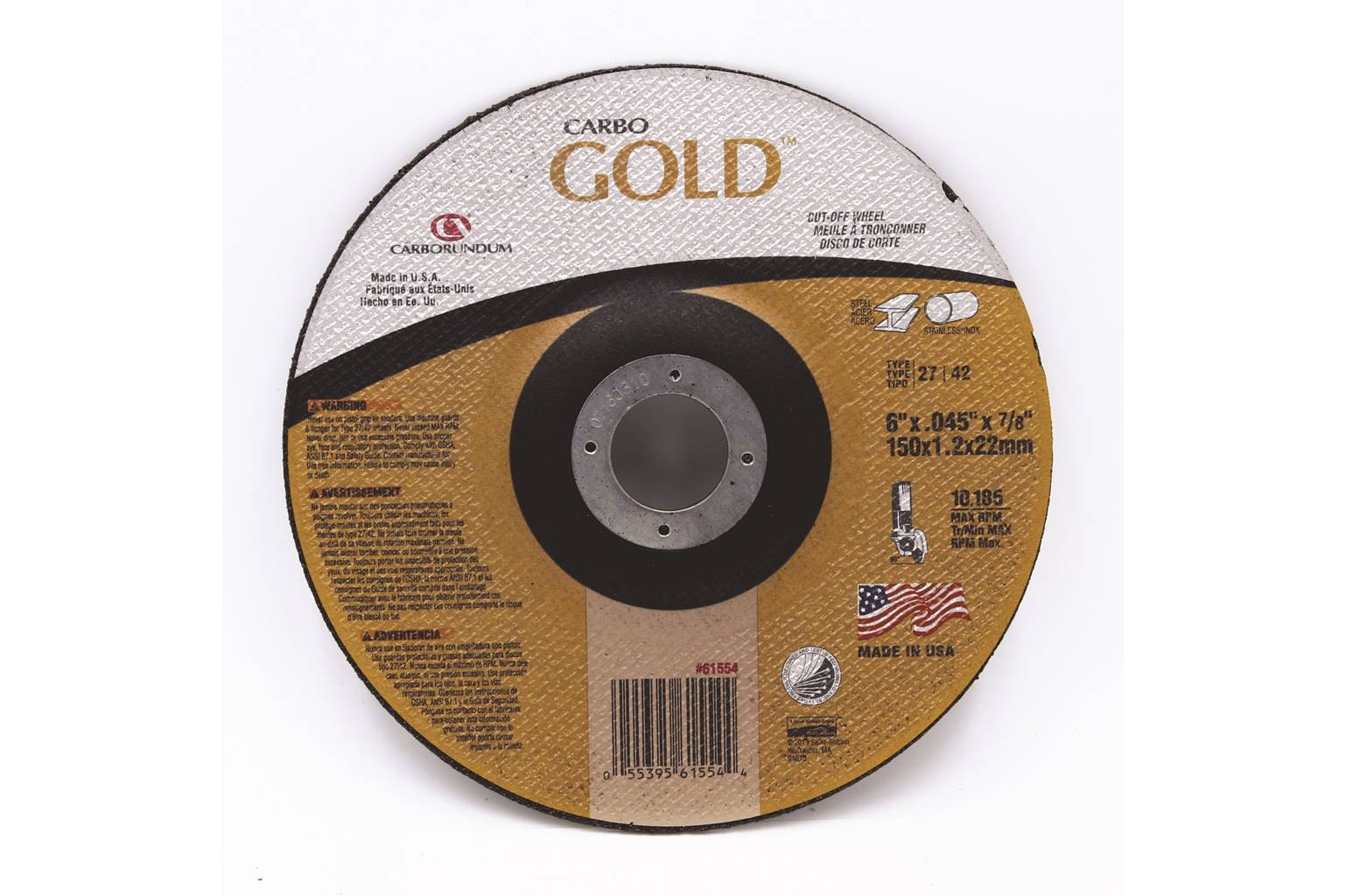 Carborundum CARBO GOLD ALUMINUM OXIDE CUTTING WHEEL car61554 Gregg Distributors LP